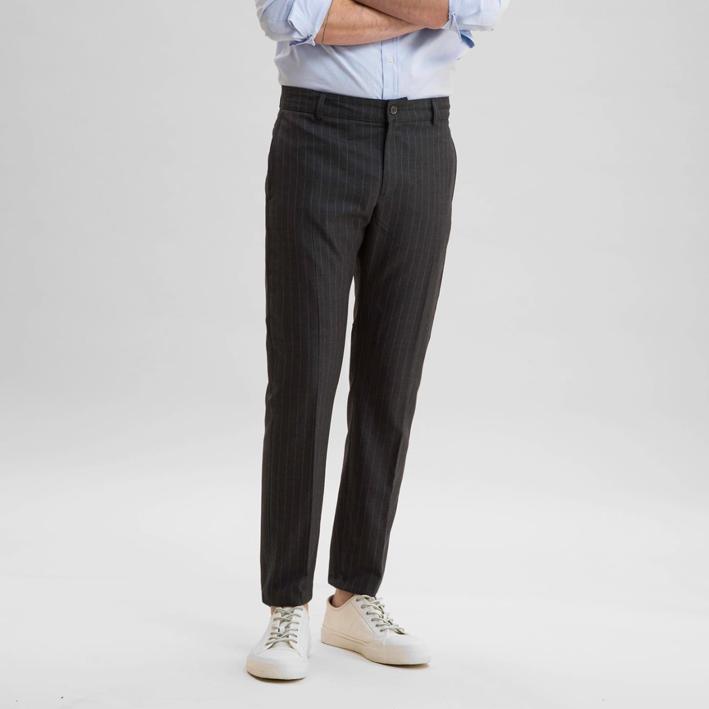 Wool Office Trouser Medium Grey Pinstripe 
