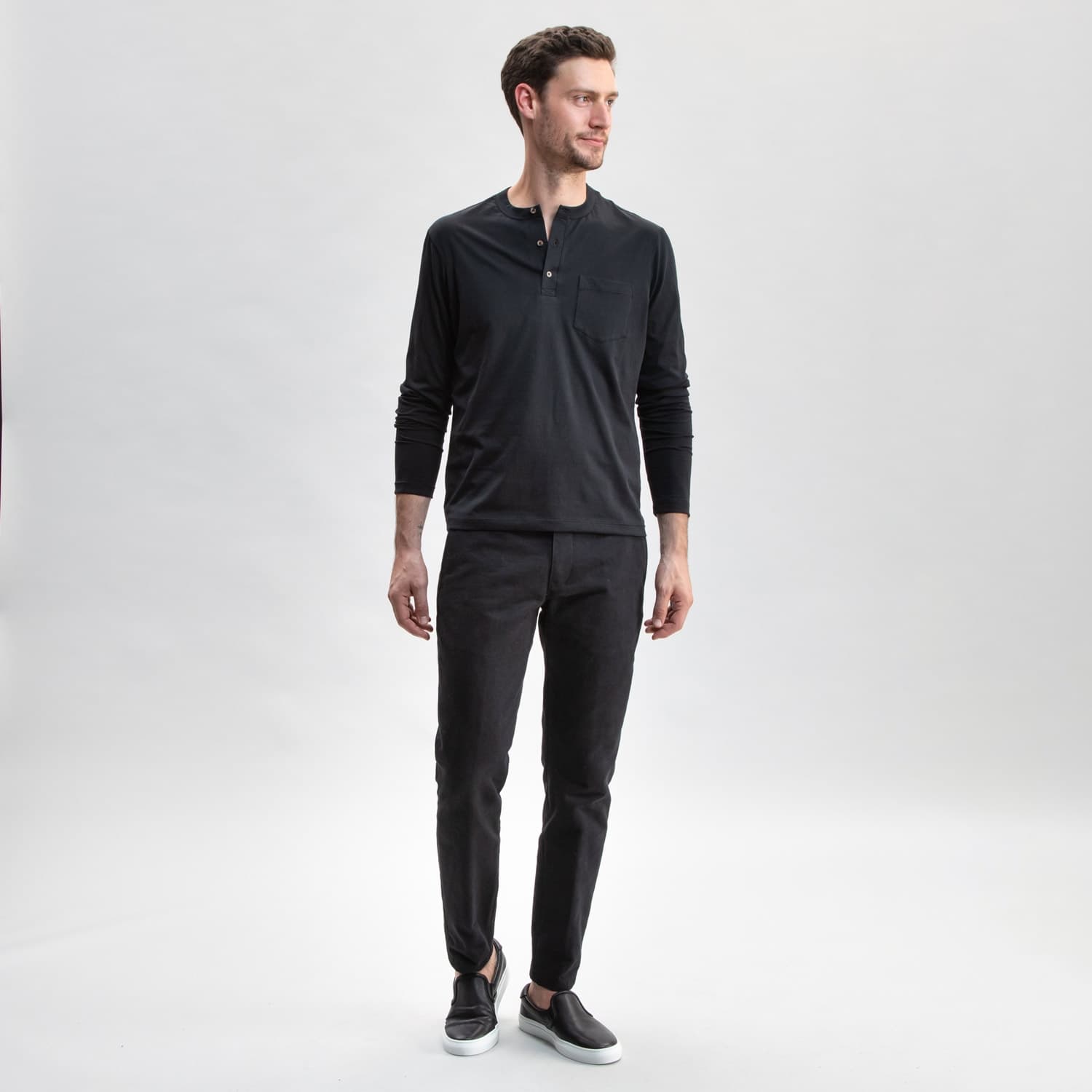 LS Black Henley - T-Shirts made in USA from Portuguese fabric