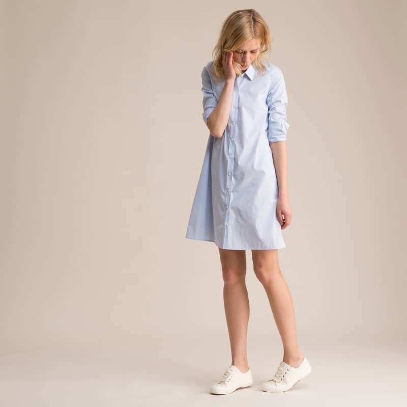 Blue + White Stripe A-Line Shirtdress - 7/8 Sleeve
